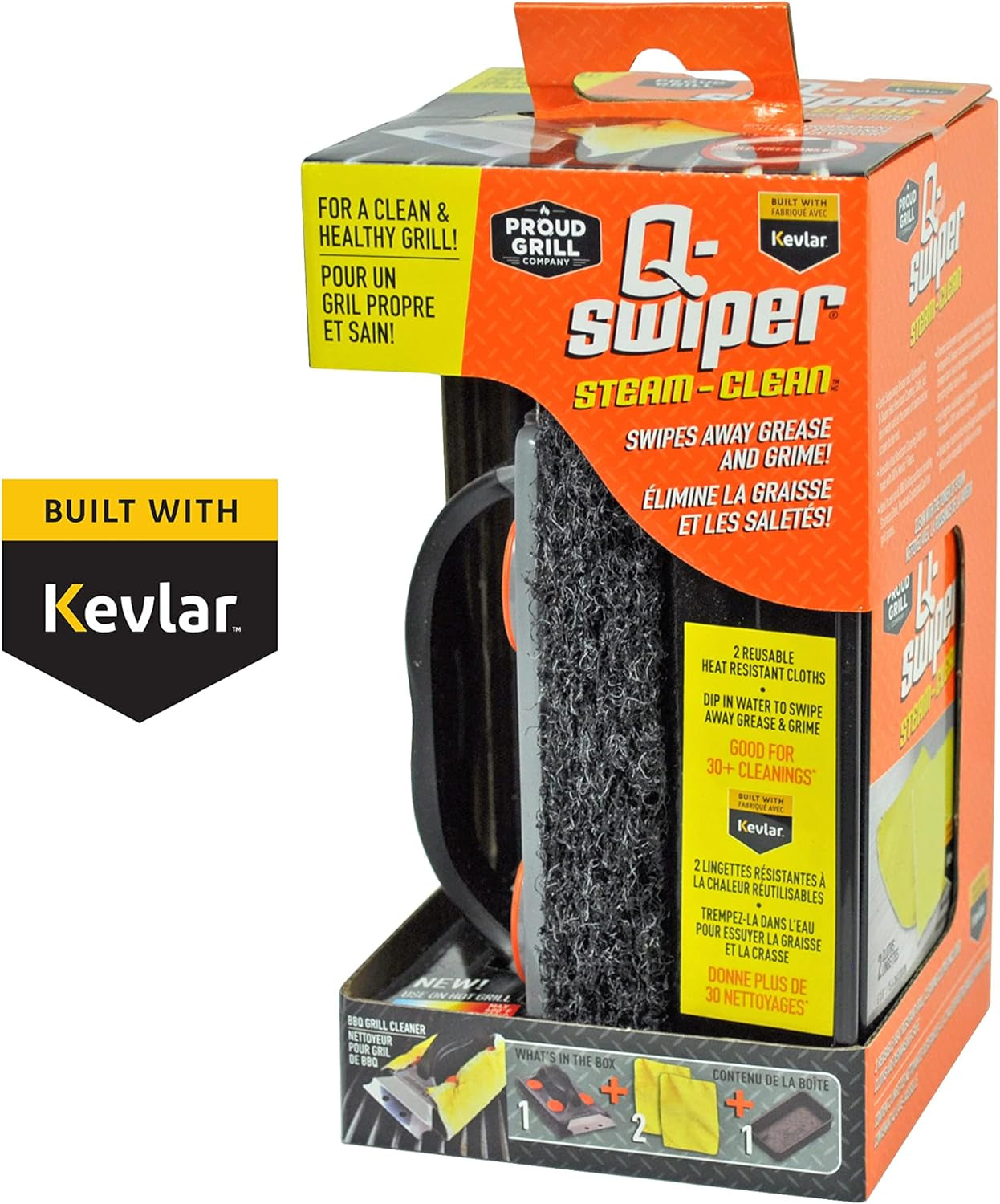 Q-Swiper Steam Clean BBQ Grill Cleaner Set - 1 Grill Brush with Scraper. 2 Heat Resistant Kevlar® Cloths. 1 Tray | Bristle Free | Safe Way to Steam Away Grill Grease & Grime - Image 2