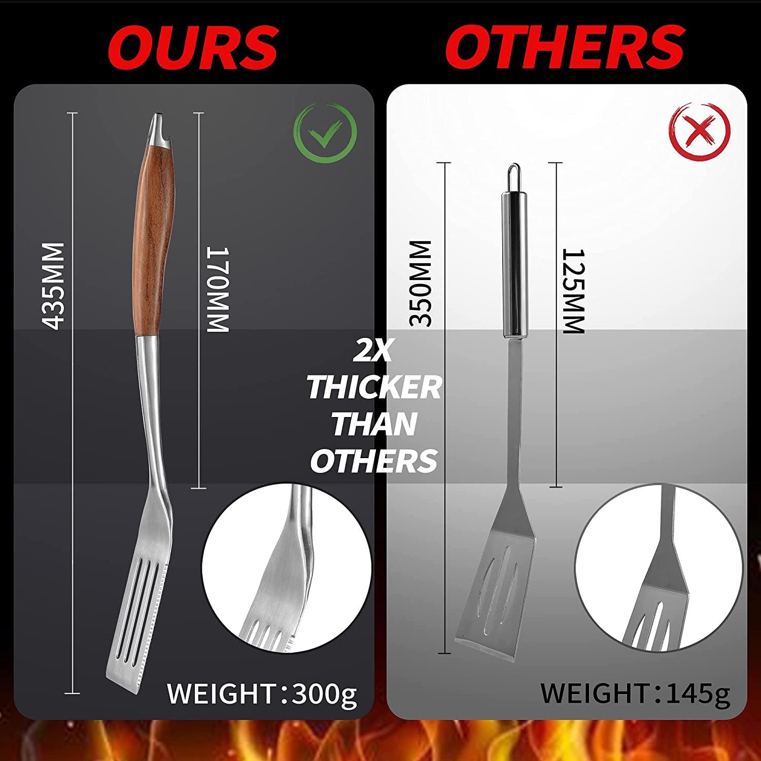 GRILAZ Heavy-Duty Rose Wooden BBQ Grilling Tools Set. Extra Thick Stainless Steel Multi-Function Spatula. Fork & Tongs | Essential Accessories for Barbecue & Grill. Ideal Gift for Father - Image 3