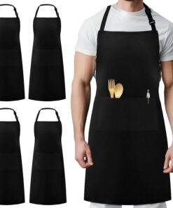 Syntus 4 Pack Chef Apron. Adjustable Bib Apron Waterdrop Resistant Professional Cooking Aprons for Men Women with 2 Pockets. Black