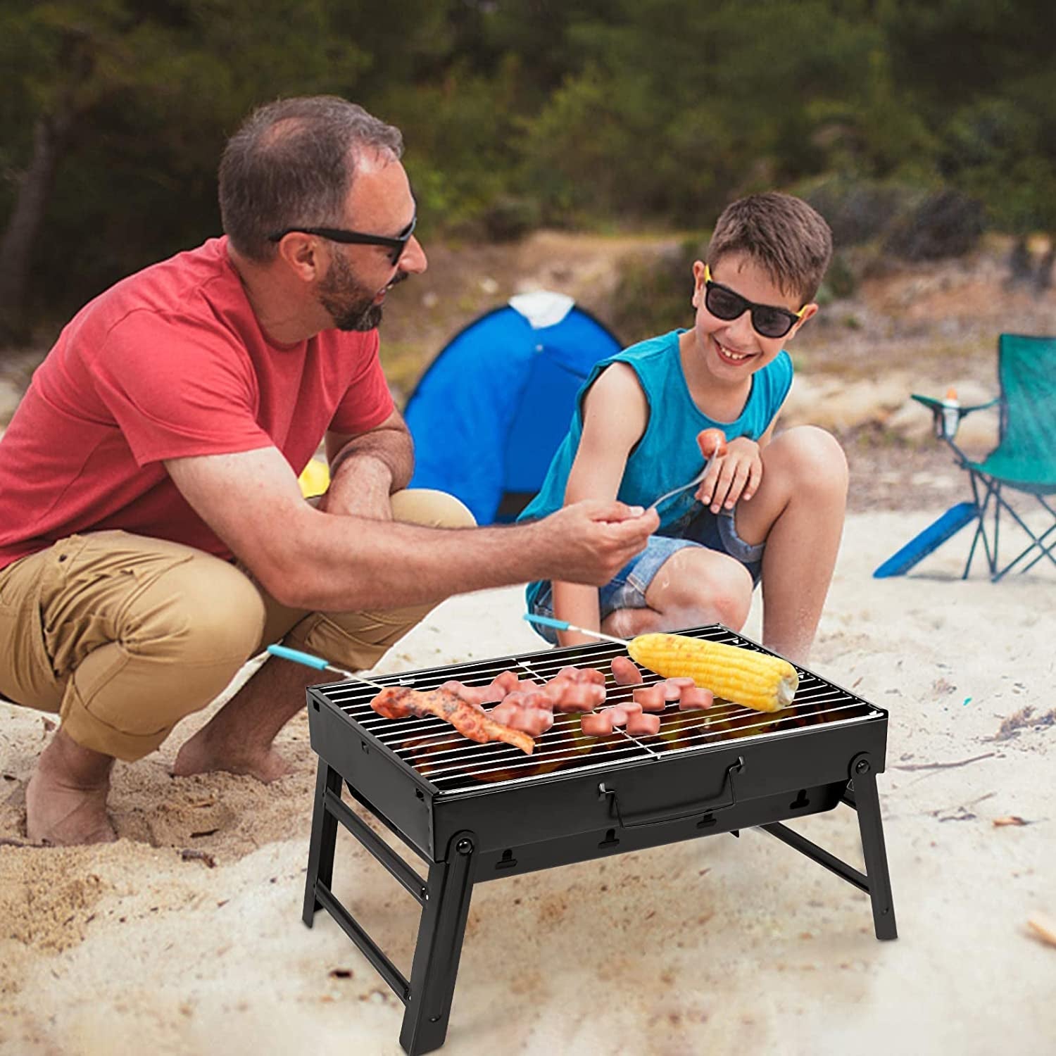 Uten Charcoal Grill. BBQ Grill Folding Portable Lightweight Smoker Grill. Barbecue Grill Small Desk Tabletop Outdoor Grill for Camping Picnics Garden Beach Party 17''X11.6''X 2.6'' - Image 6