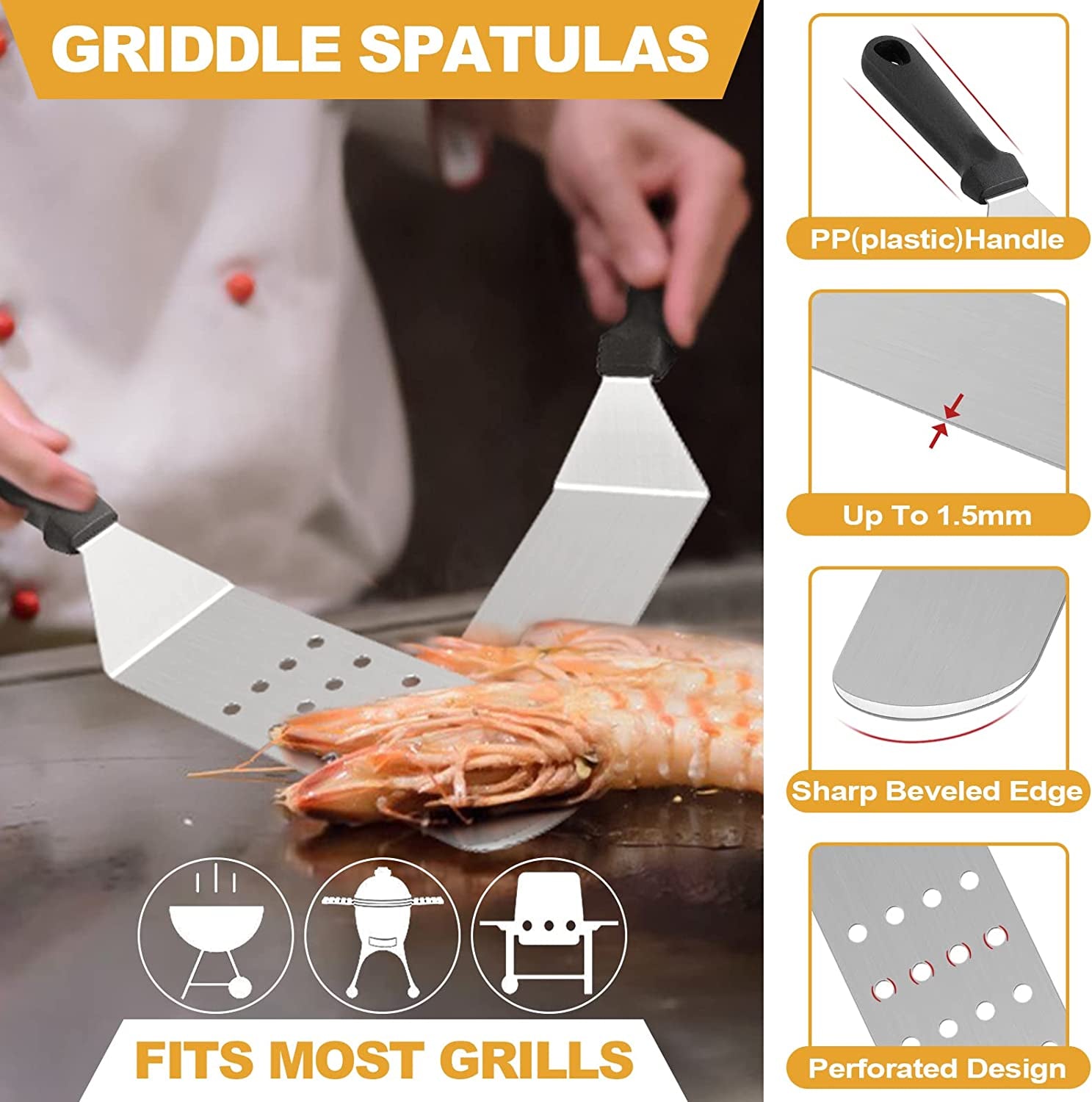 Griddle Accessories Kit of 5. Hasteel Heavy Duty Metal Spatula. Professional Stainless Steel Flat Top Griddle Tools Set. Pancake Flipper/Griddle Scraper/Hamburger Turner for BBQ Grilling Cast Iron - Image 3