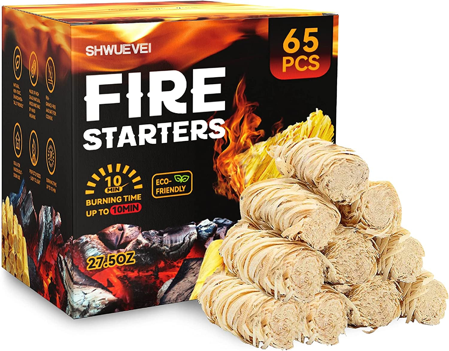 Shwuevei 65 Pcs Fire Starter - Natural Fire Starters for Fireplace. Pellet Stove & Wood. Fire Pit. Smoker. BBQ. Chimney. Pizza Oven - Fire Starters for Grill. Charcoal Starter - Image 9