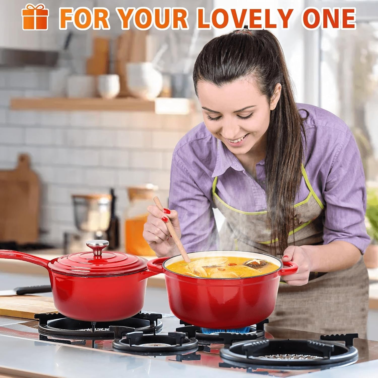 Hisencn Enameled Cast Iron Cookware Set - 7 Piece Set of Dutch Ovens. Sauce Pan. Skillet. 3 Lids. Dutch Oven Set. Ceramic Coated Cast Iron. Heavy Duty. Gas/Induction Compatible. PFA Free (Rouge Red) - Image 7