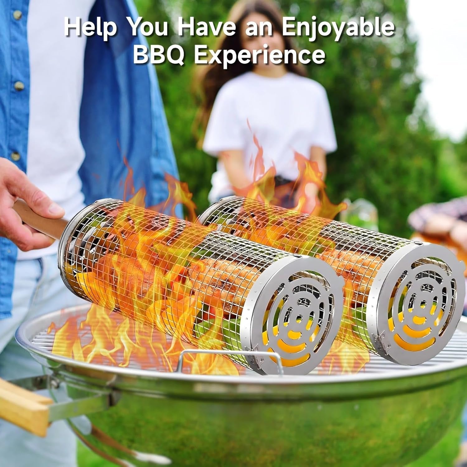 2 PCS Rolling Grilling Baskets for Outdoor Grill BBQ. Stainless Steel Cylinder Grill Mesh Barbeque Grill Accessories. Outdoor round BBQ Stainless Steel Grill Basket Campfire Grill Grid - Image 3