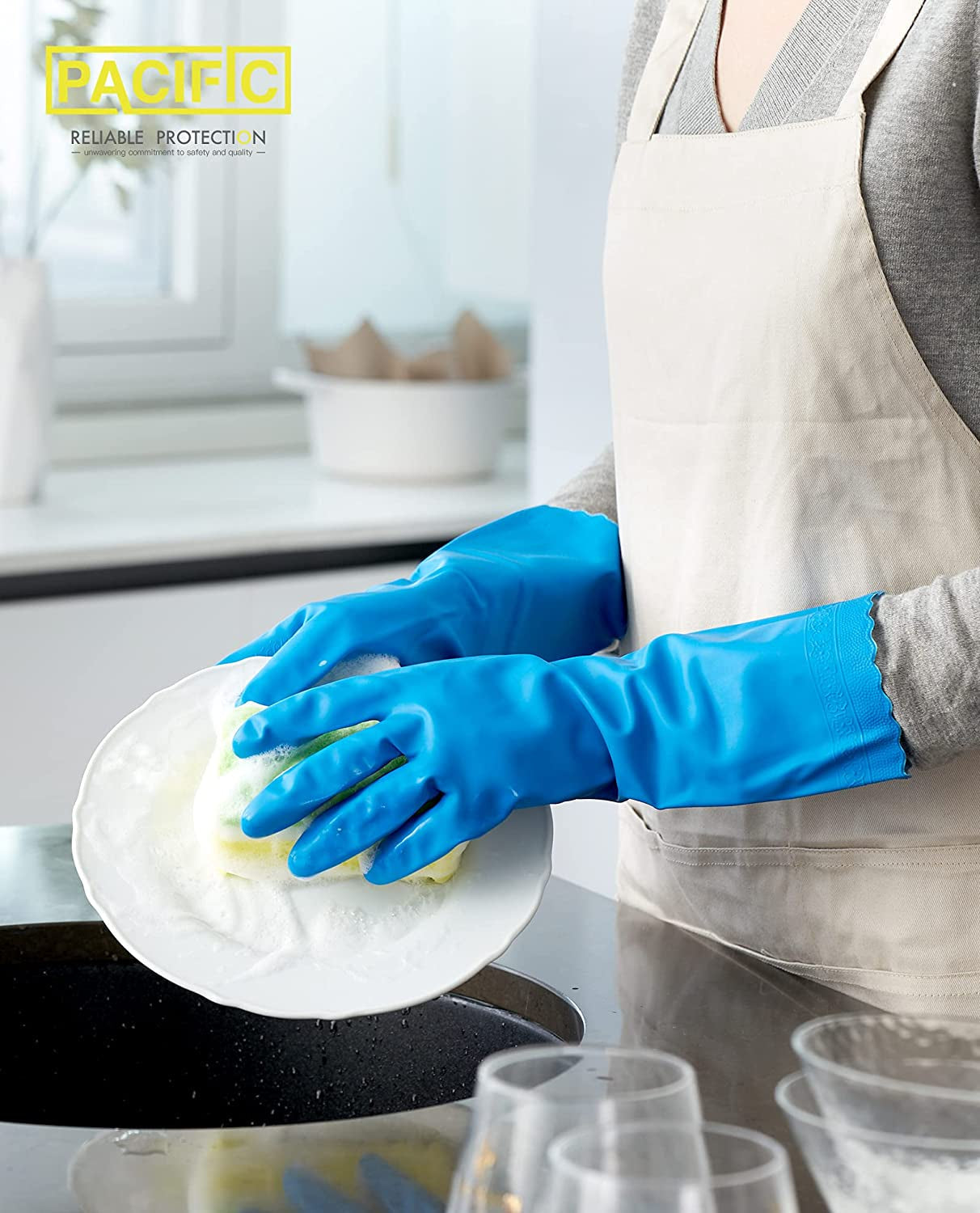 Reusable Dishwashing Cleaning Rubber Gloves. Dish Washing Gloves with Flocked Cotton Liner. Kitchen Gloves. Latex Free. Blue. Medium - Image 5