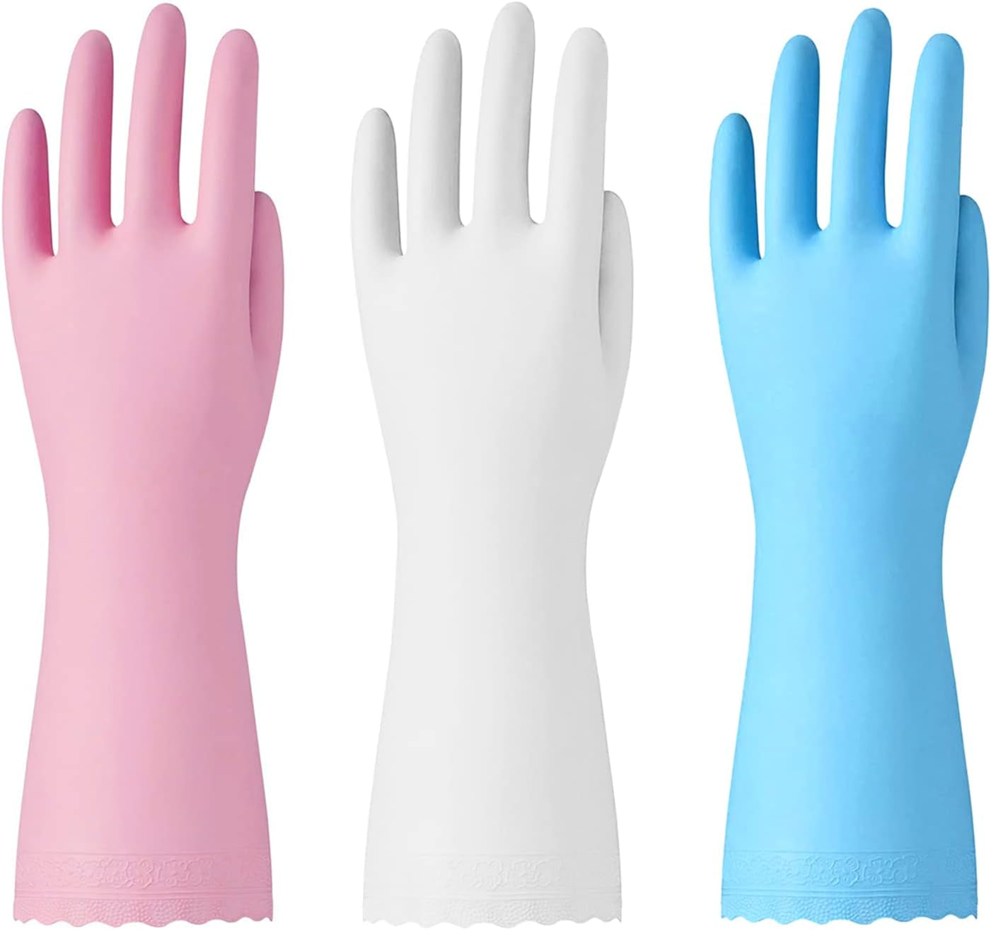 Rubber Cleaning Gloves - 3 Pairs Latex Free Kitchen Cleaning Gloves with Cotton Liner- Household Dishwashing Gloves. Non- Slip Waterproof (Large. Blue+Pink+White)