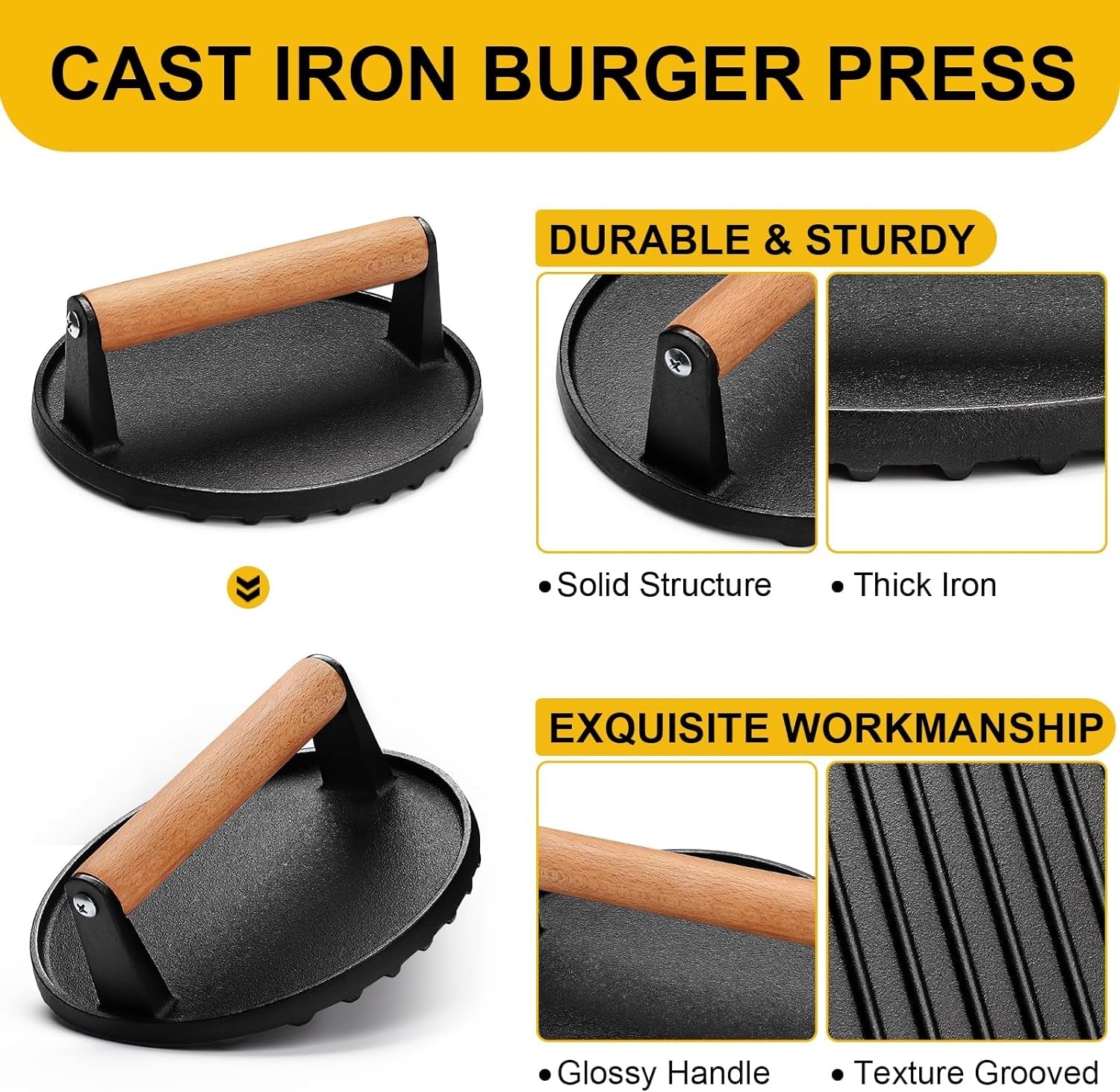 AIVIKI Burger Press. Smash Burger Press for Blackstone Griddle. Heavy Duty Cast Iron round 6.9In Bacon Grill Press with Wood Handle. Meat Steak Weight for Sandwich. Paninis (Round) - Image 2