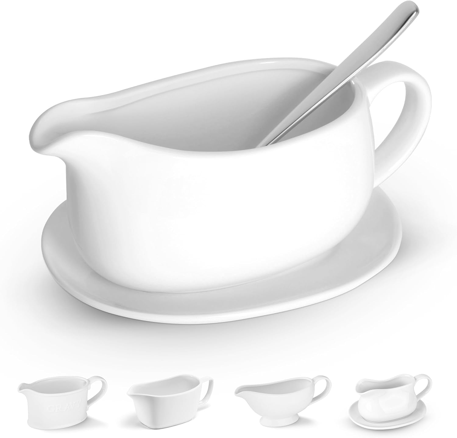Kook Ceramic Gravy Boat & Saucer (23.8 oz) – Serving Dish with Tray & Spoon for Sauces. Dressings. Creamer. White
