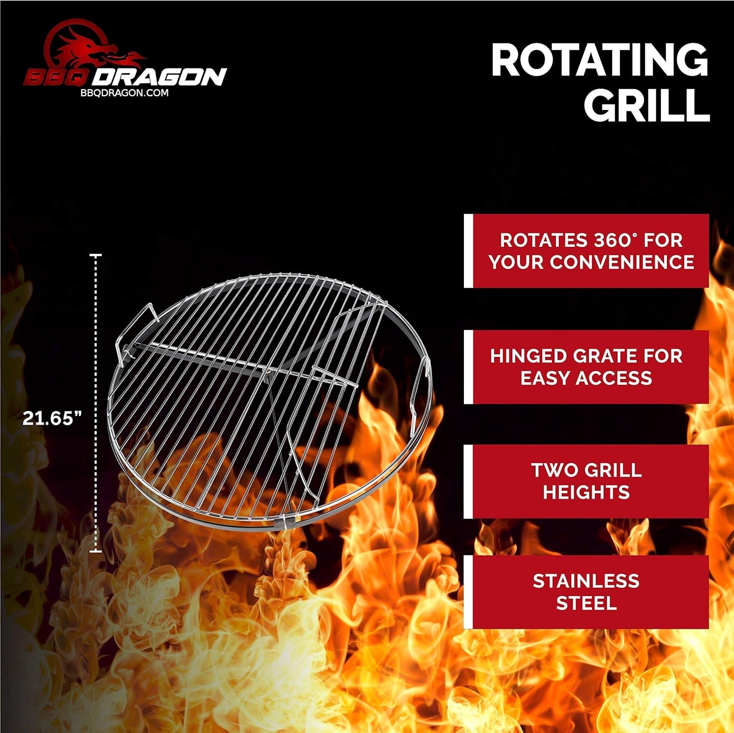 BBQ Dragon 22 Inch Rotating Grill Grate – Hinged Cooking Surface for Easy Charcoal Access – Heavy Duty 360° round Rotating Grate Replacement – Fits Weber Kettle & Other Charcoal Grills - Image 2