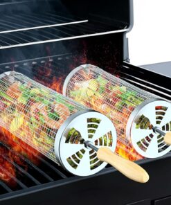 Rolling Grill Basket(2Pcs). Removable Wooden Handle. 304 Stainless Steel. Grilling Accessories Tools for Vegetables Meat Food. Outdoor Camping Grilling. Birthday Gifts for Men Husband Men