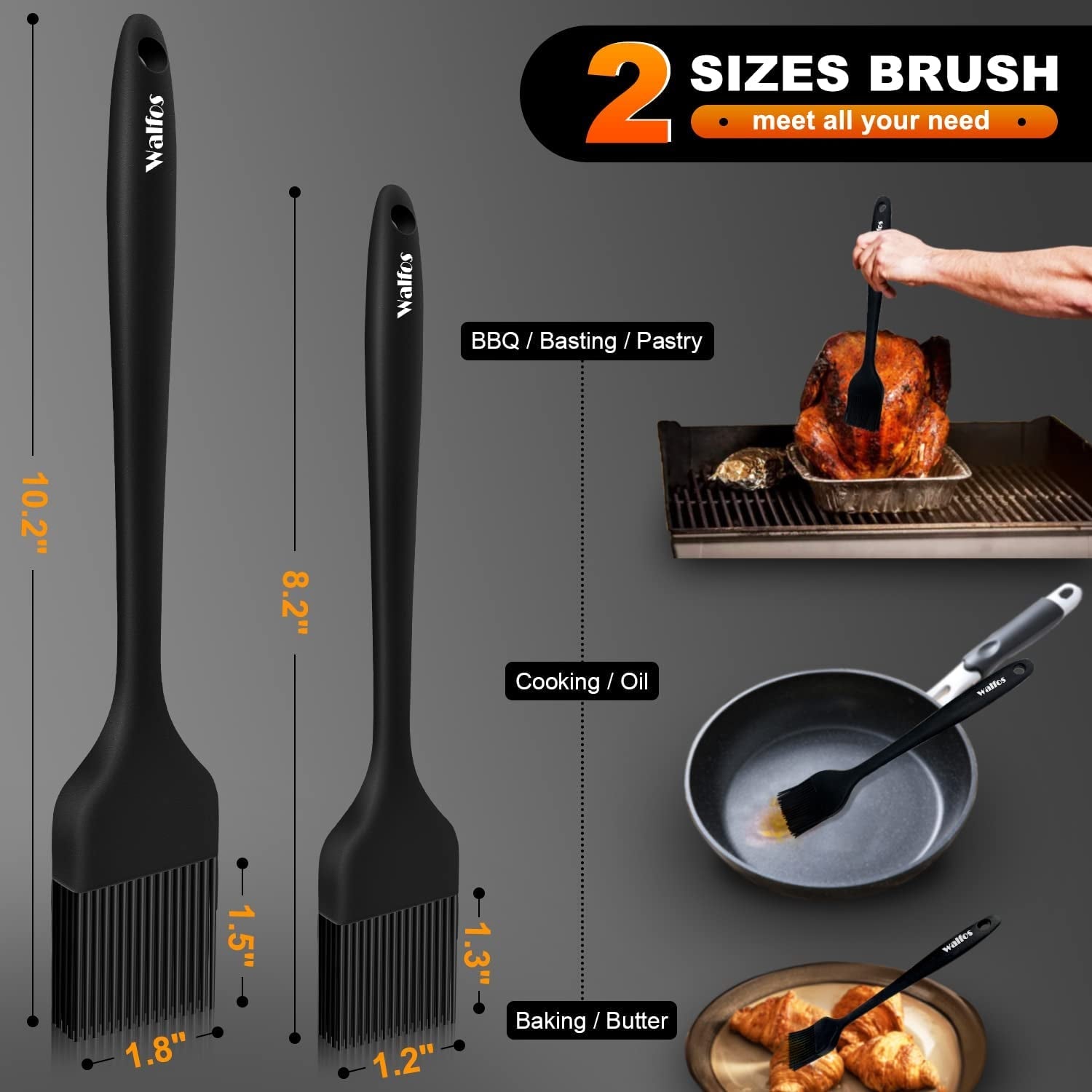 Walfos Silicone Basting Pastry Brush. Heat Resistant Pastry Brush Set. Strong Steel Core and One-Pieces Design. Perfect for BBQ Grill Baking Kitchen Cooking. BPA Free and Dishwasher Safe (2 Pcs) - Image 2