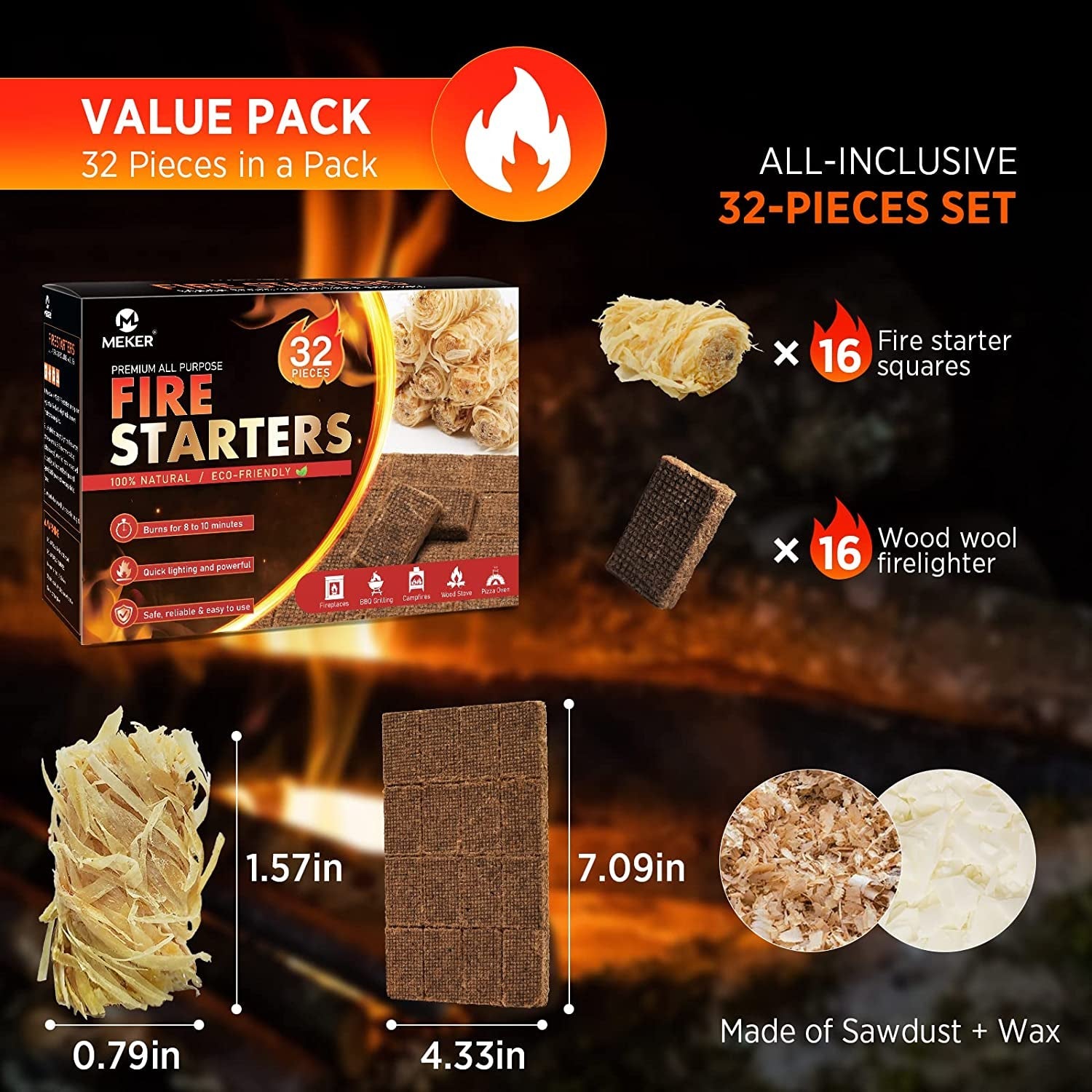MEKER Fire Starters - Natural Fire Starters for Fireplace. Campfires. Fire Pit. BBQ Grill. Wood Stove. All Weather Charcoal Starter. Wood Wool Firelighters & Odorless Fire Starter Eco Friendly - Image 4