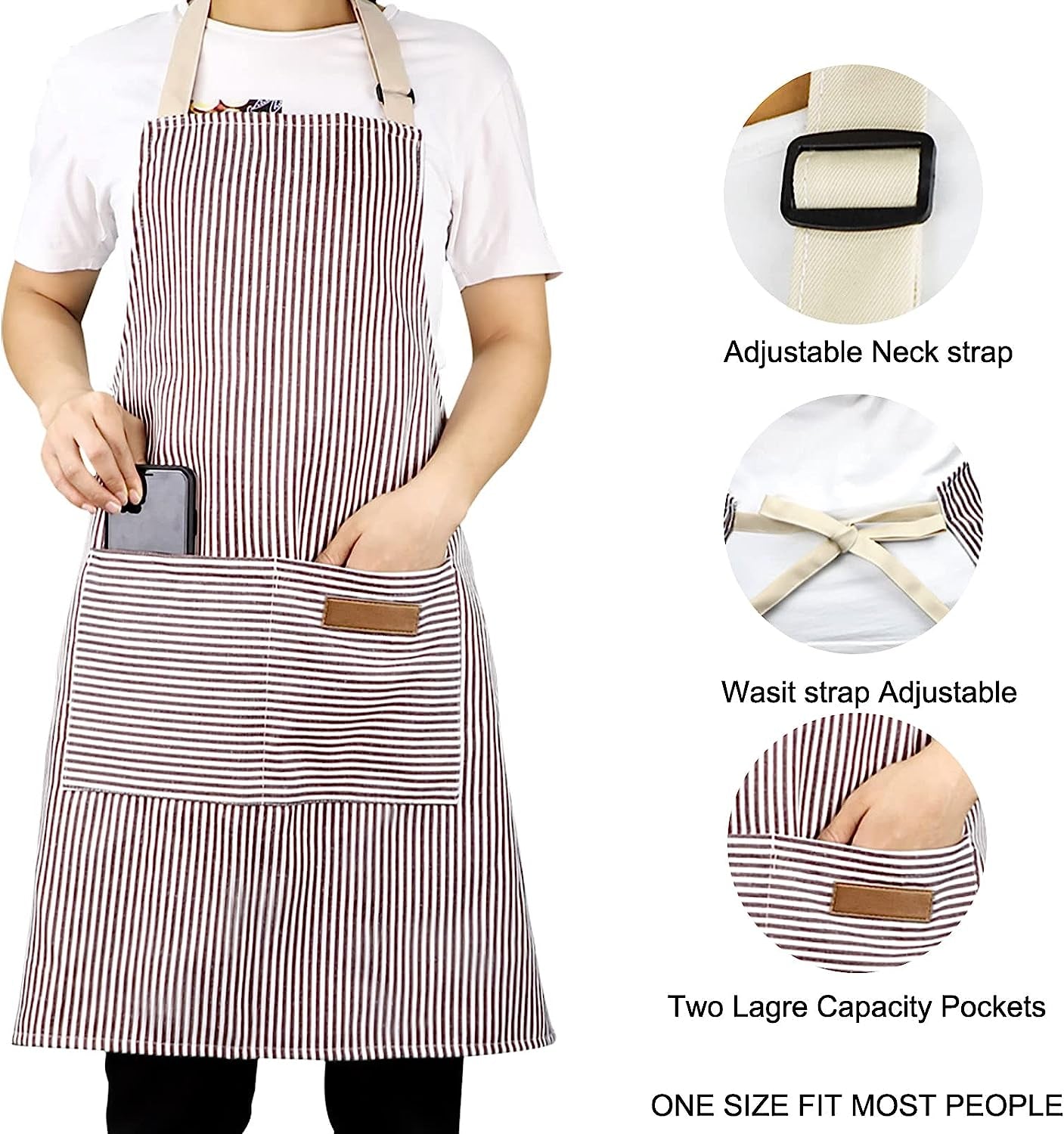 2 Pack Apron. Cotton Cooking Kitchen Aprons. Adjustable Bib Apron with 2 Pockets for Men Women Chef Aprons.(Black/Brown Stripes) - Image 4