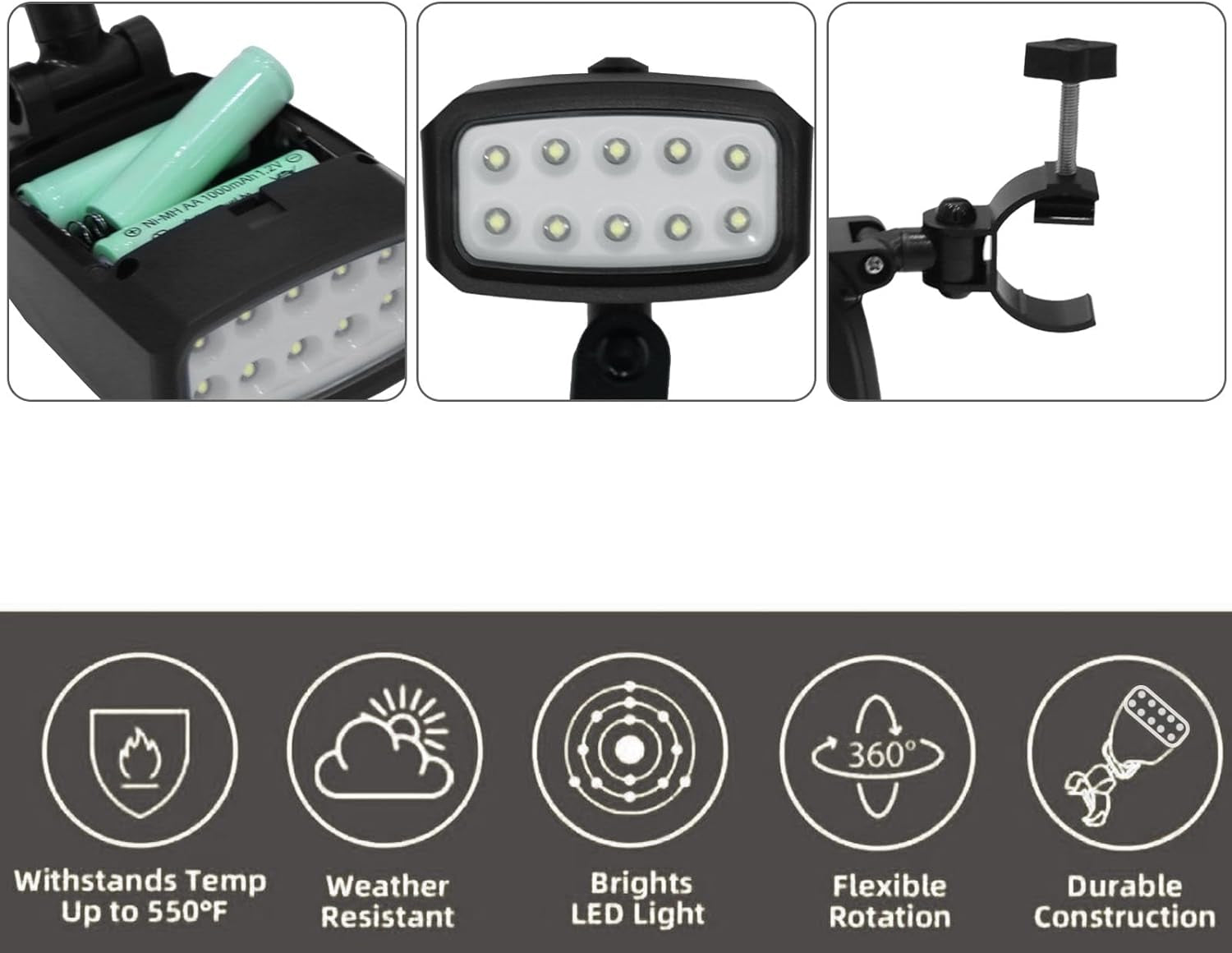 Grill Light Outdoor. LED BBQ Light Gift for Men Dad Boyfriend Rotatable Grill Accessories with 10 Super Bright LED Lights Including Sturdy Clamp Mount Fits Handle (Battery NOT Included) - Image 3