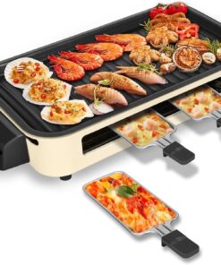 Electric Indoor Grill 1500W. YOHAWJAN 2 in 1 Smokeless Indoor Grills with Non-Stick Removable Grill & Griddle Plate. Temperature Control. Portable Korean BBQ Grill with 3 Raclette Cheese Pans