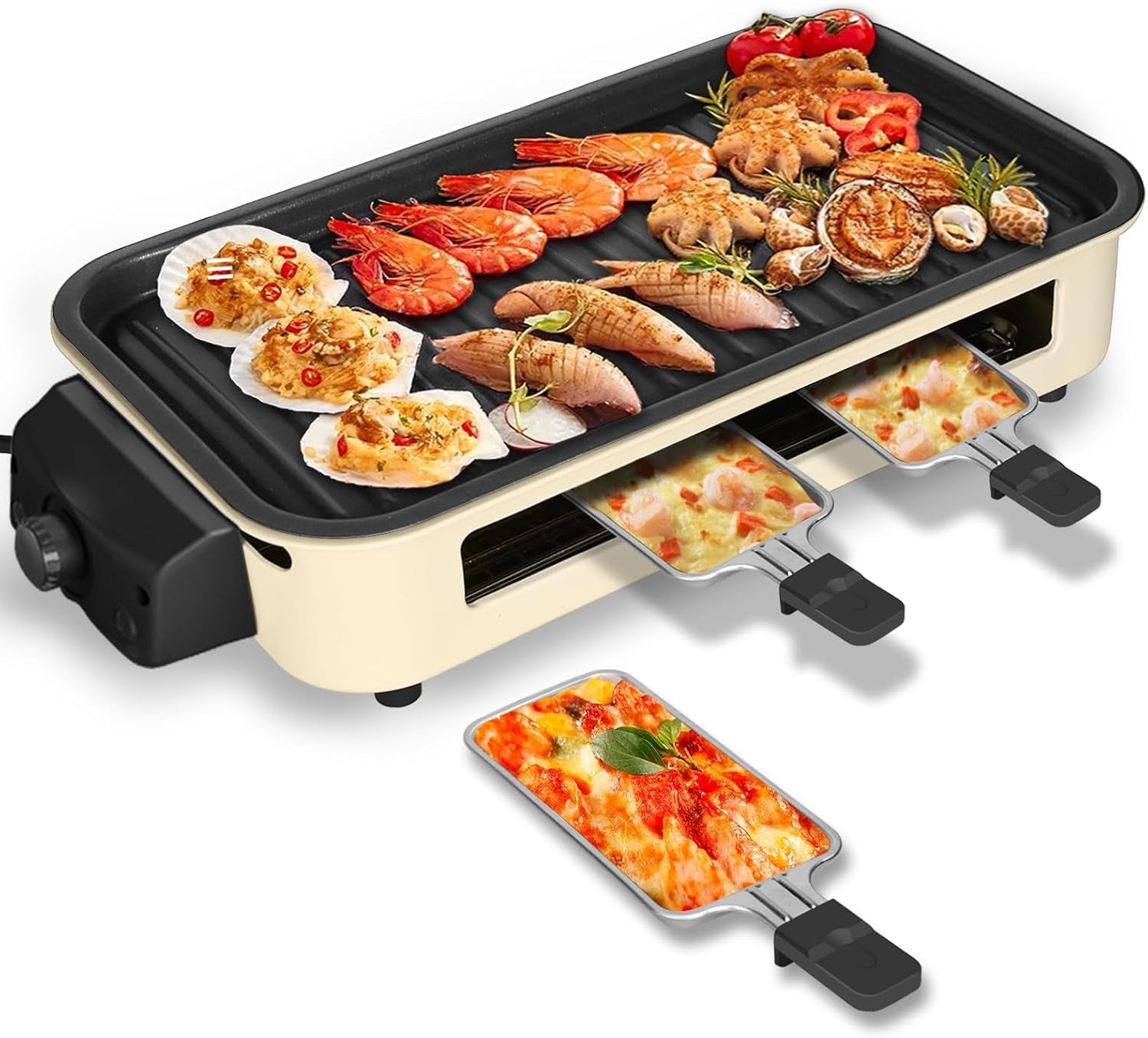 Electric Indoor Grill 1500W. YOHAWJAN 2 in 1 Smokeless Indoor Grills with Non-Stick Removable Grill & Griddle Plate. Temperature Control. Portable Korean BBQ Grill with 3 Raclette Cheese Pans