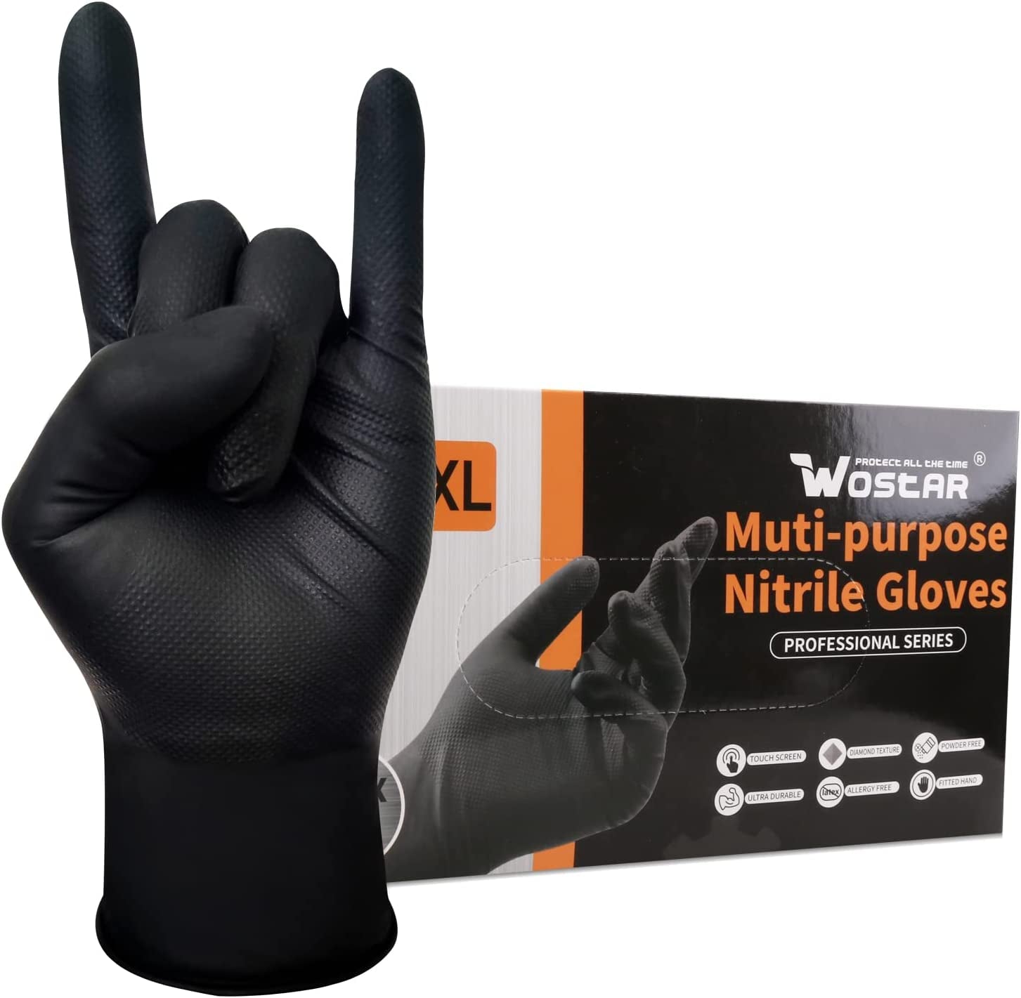 Black Raised Diamond Texture 8 Mil Nitrile Xlarge Glove Latex & Powder Free 100 Count Black Nitrile Disposable Glove