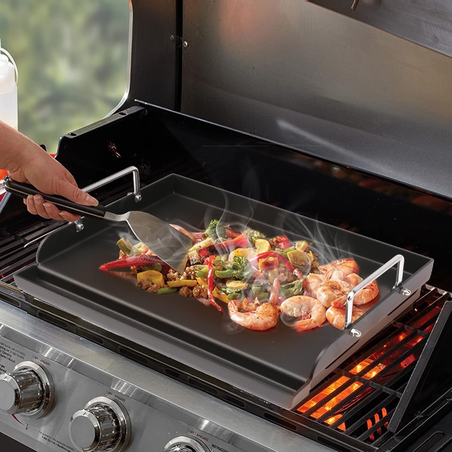 Utheer 17 X 13 Nonstick Coating Cooking Griddle for Gas Grill. Universal Griddle Flat Top Plate Insert with Grease Groove and Removable Handles for Charcoal/Gas Grills. Camping. Tailgating. Parties - Image 7