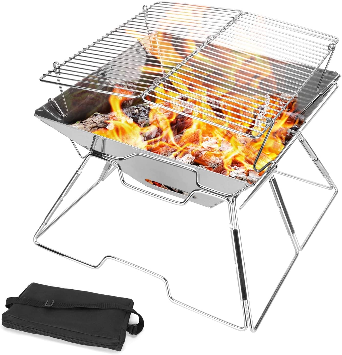 Odoland Folding Campfire Grill. 304 Stainless Steel Grate Barbeque Grill. Portable Camping Grill with Legs for Picnics. Backpacking. Outdoor with Carrying Bag and Kitchen Tongs