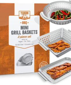 Grill Basket - ™ 3-Piece Mini Grilling Basket Set - Stainless Steel Perforated Grill Baskets for Grilling Veggies Seafood and Meats Includes Grill Pan - Square Basket and Circular Basket