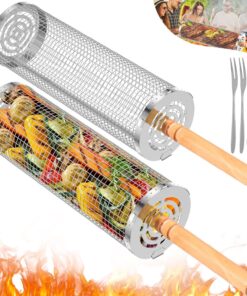 Rolling Grill Baskets for Outdoor Grill. Nesting Grill Baskets with Wood Handle Stainless Tube round Rolling Grill Net Rolling Basket for BBQ Cooking Camping