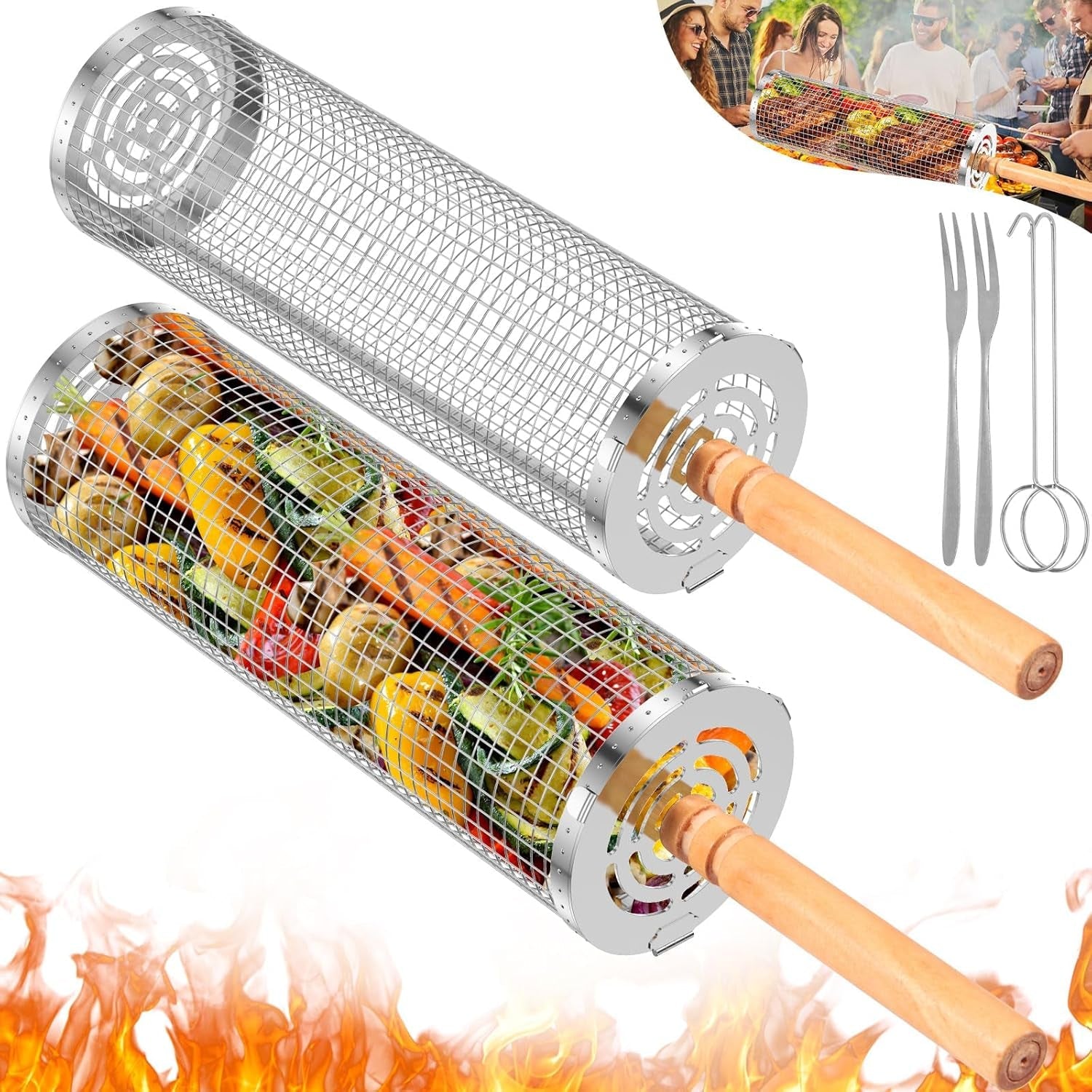 Rolling Grill Baskets for Outdoor Grill. Nesting Grill Baskets with Wood Handle Stainless Tube round Rolling Grill Net Rolling Basket for BBQ Cooking Camping - Image 9