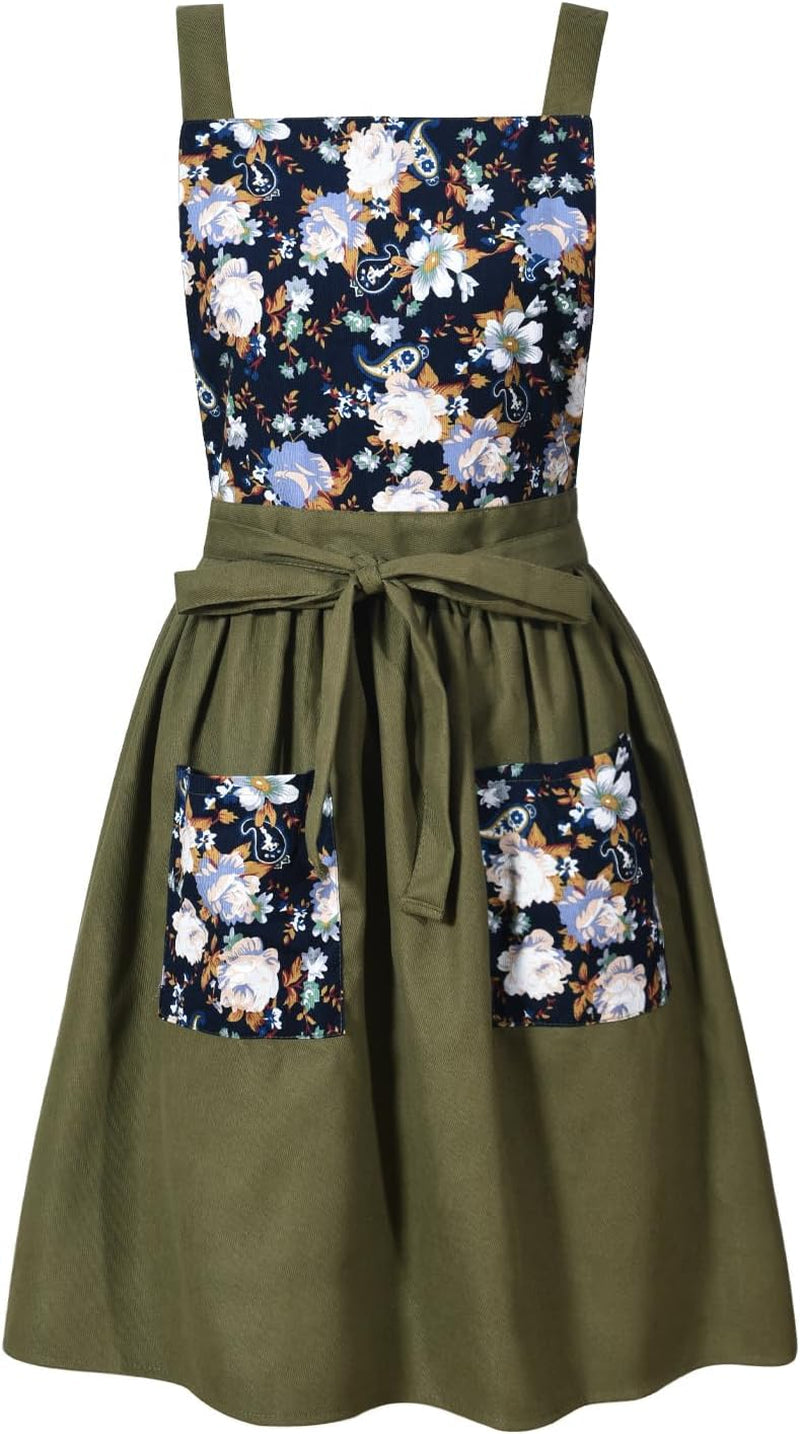 Vintage Pinafore Apron Dress for Women with Pockets Cute Floral Chef Aprons for Kitchen Cooking Baking Gardening