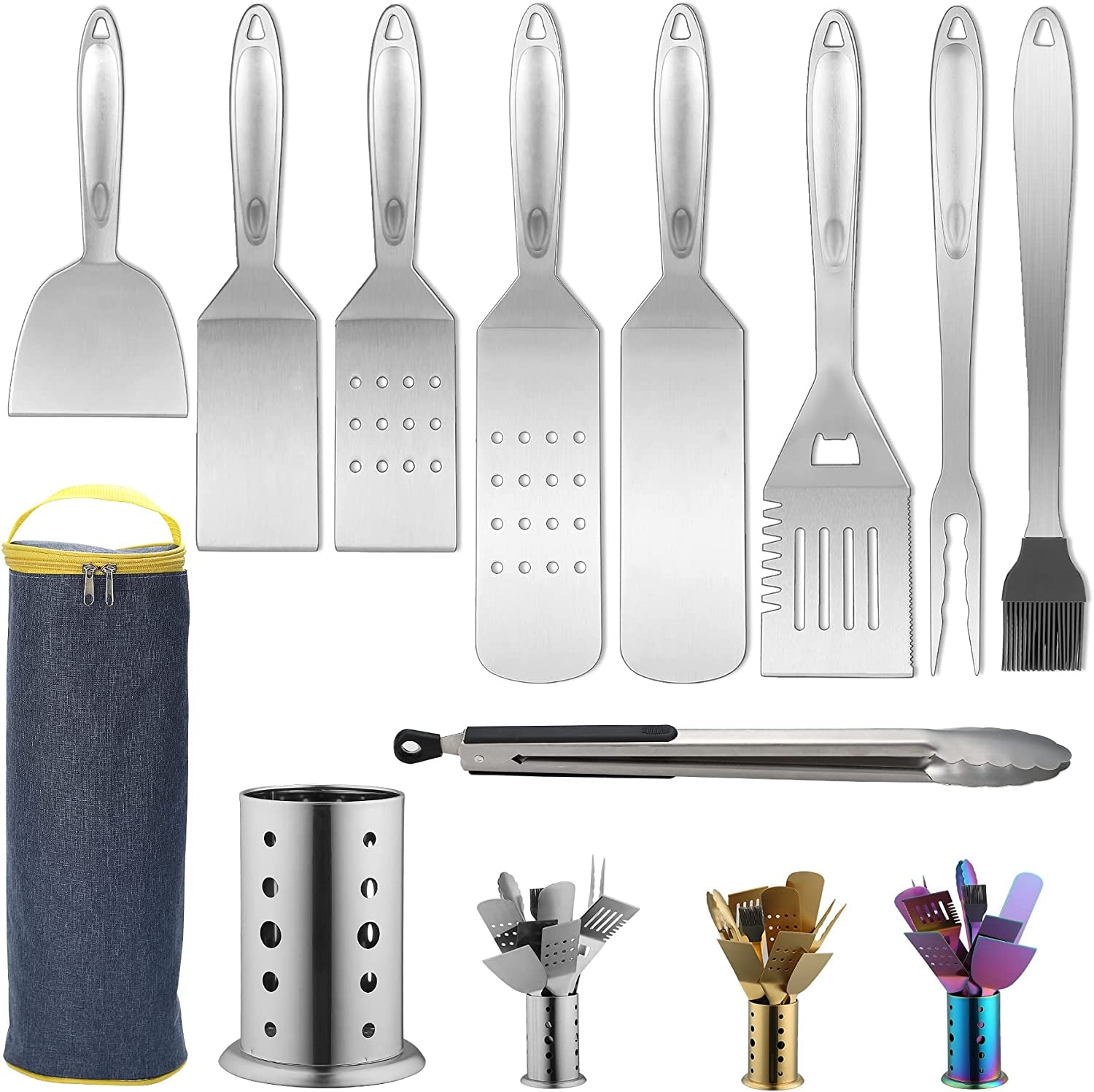 Grill Accessories Kit 10 Pieces with a Utensils Holder. Stainless Steel Handle Assemble with Baklite Make It No Melting No Coming off and Heat Resistant. Grilling BBQ Griddle Accessories