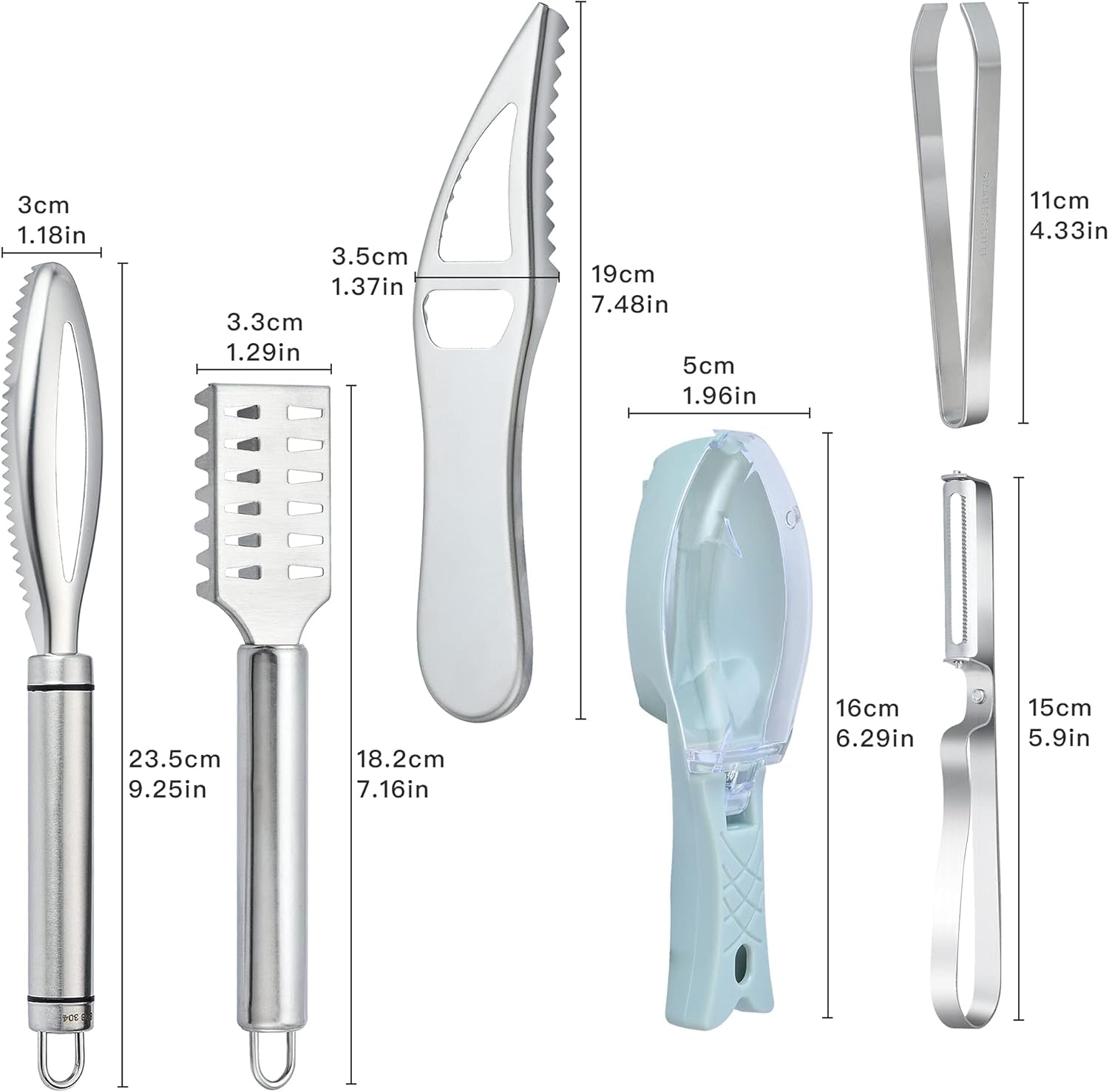7‑Piece Fish Scaler & Cleaning Set – Stainless Steel Removers. Peeler. Fish Tweezers & Gray Mitten - Image 2