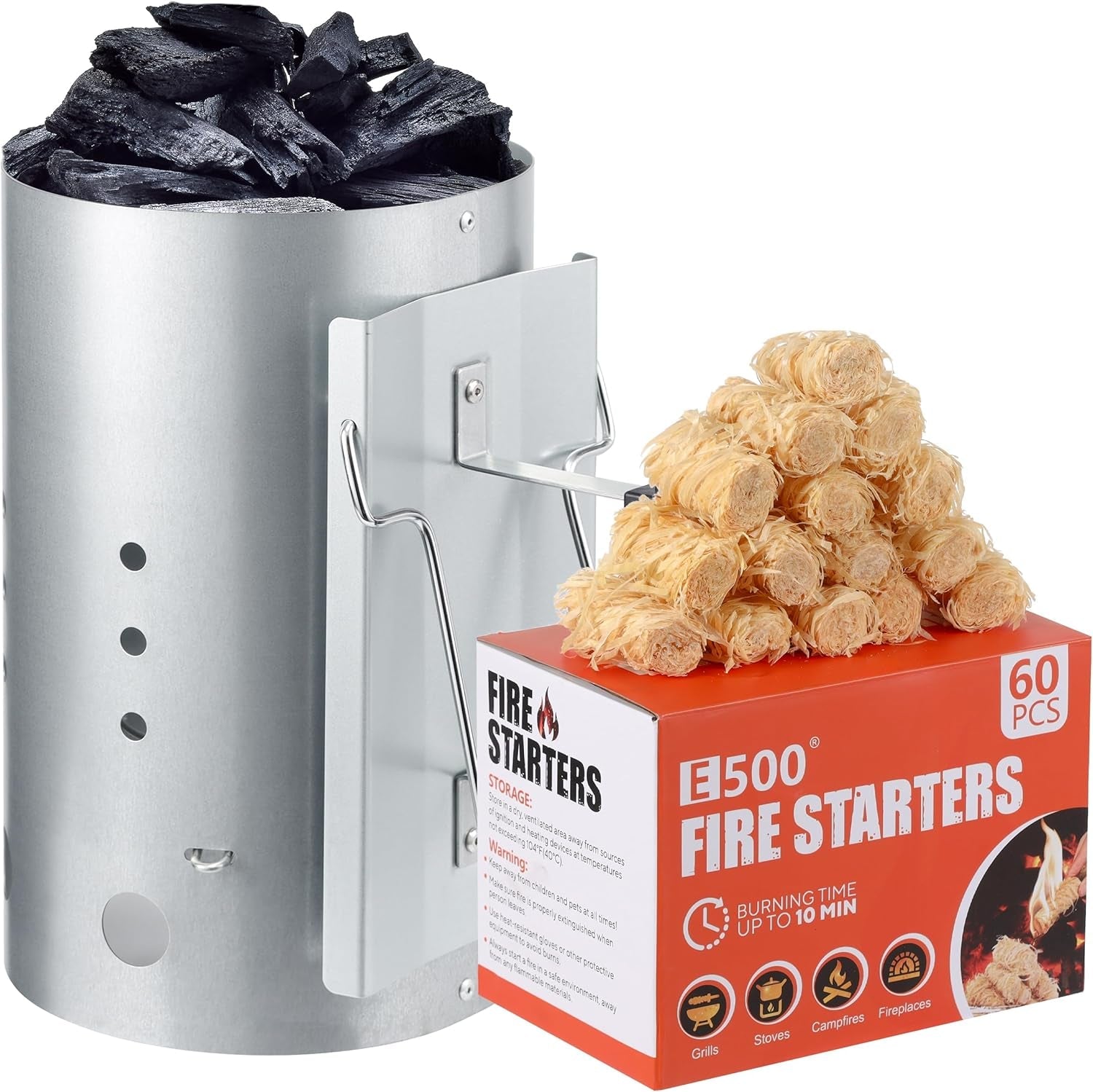 E500 Larger Charcoal Chimney Starter with 60Pcs Charcoal Starter. Coal Chimney Starter for Grill. BBQ Fire Starter Kit