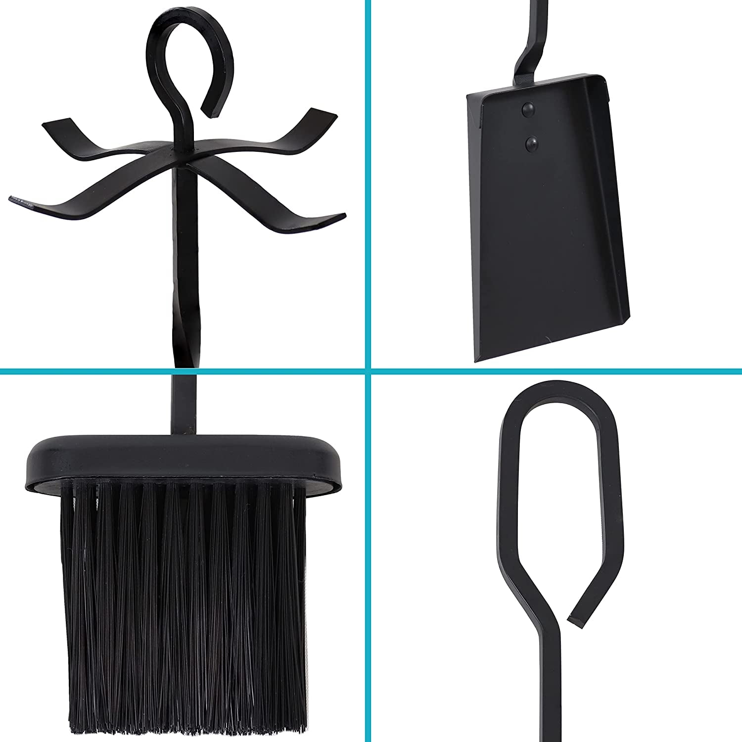 Sunnydaze 4-Piece Fireplace Tool Set with Stand - Heavy-Duty Black Steel Poker. Shovel. Log Grabber and Broom - Image 6