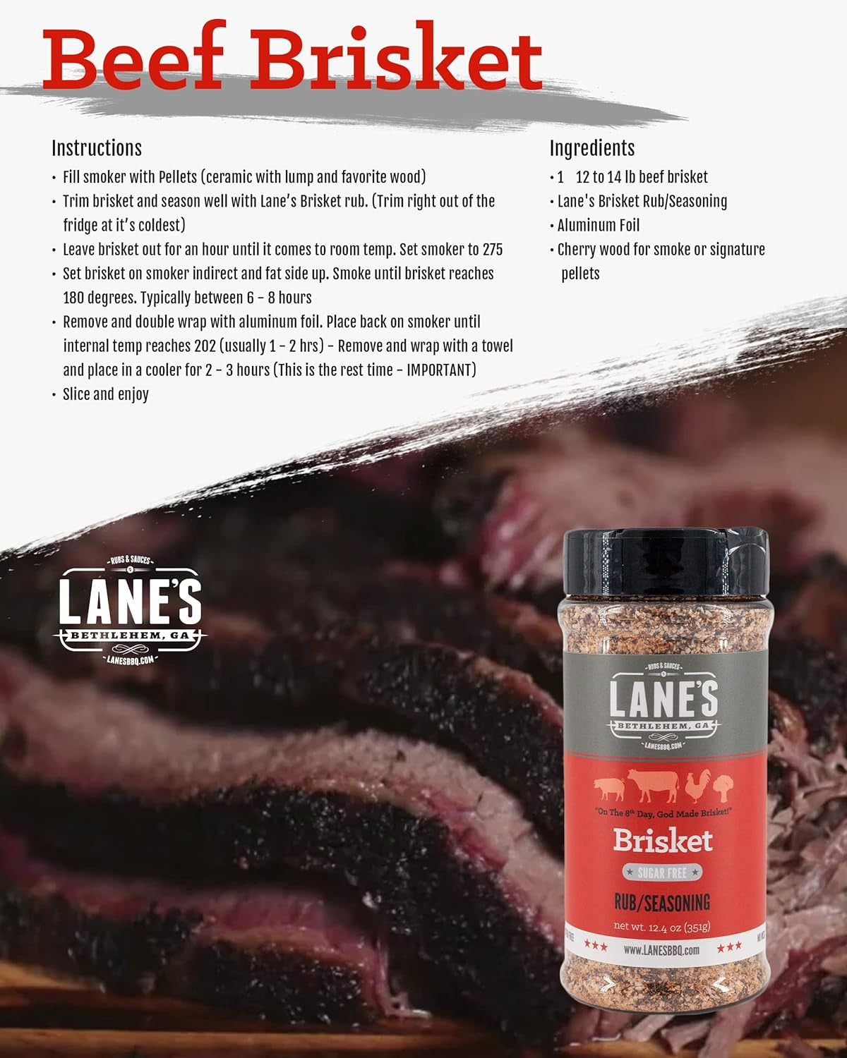 Lane'S Premium Brisket Seasoning - All Natural Brisket Rub for Smoker and Grill | Championship Beef Brisket Rub. Burgers. Steaks | No MSG | No Preservatives | Keto Friendly | Made in the USA | 12.4 Oz - Image 5