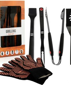 ™ Heavy Duty 5 Piece Grilling Tools Set. Durable Stainless Steel BBQ Accessories. Long Handle 3 in 1 Spatula. Tongs. Brush. Grill Fork. Thick Grilling Gloves. Gift Set