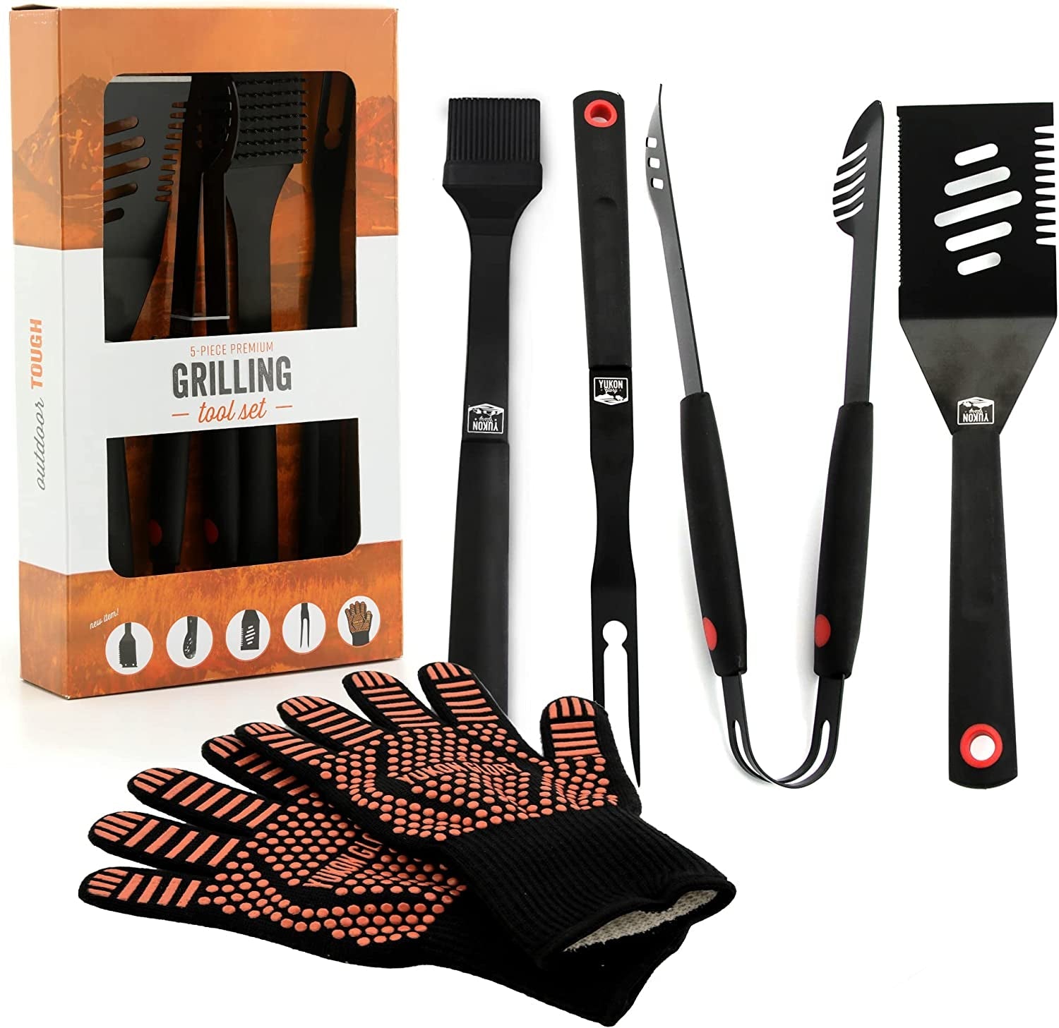 ™ Heavy Duty 5 Piece Grilling Tools Set. Durable Stainless Steel BBQ Accessories. Long Handle 3 in 1 Spatula. Tongs. Brush. Grill Fork. Thick Grilling Gloves. Gift Set