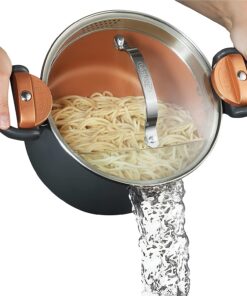 GOTHAM STEEL 5 Qt Ceramic Stock Pot Multipurpose Pasta Pot with Strainer Lid & Twist and Lock Handles. Nonstick Ceramic for Soup. Spaghetti. Rice. Pots for Kitchen. Dishwasher Safe - Copper