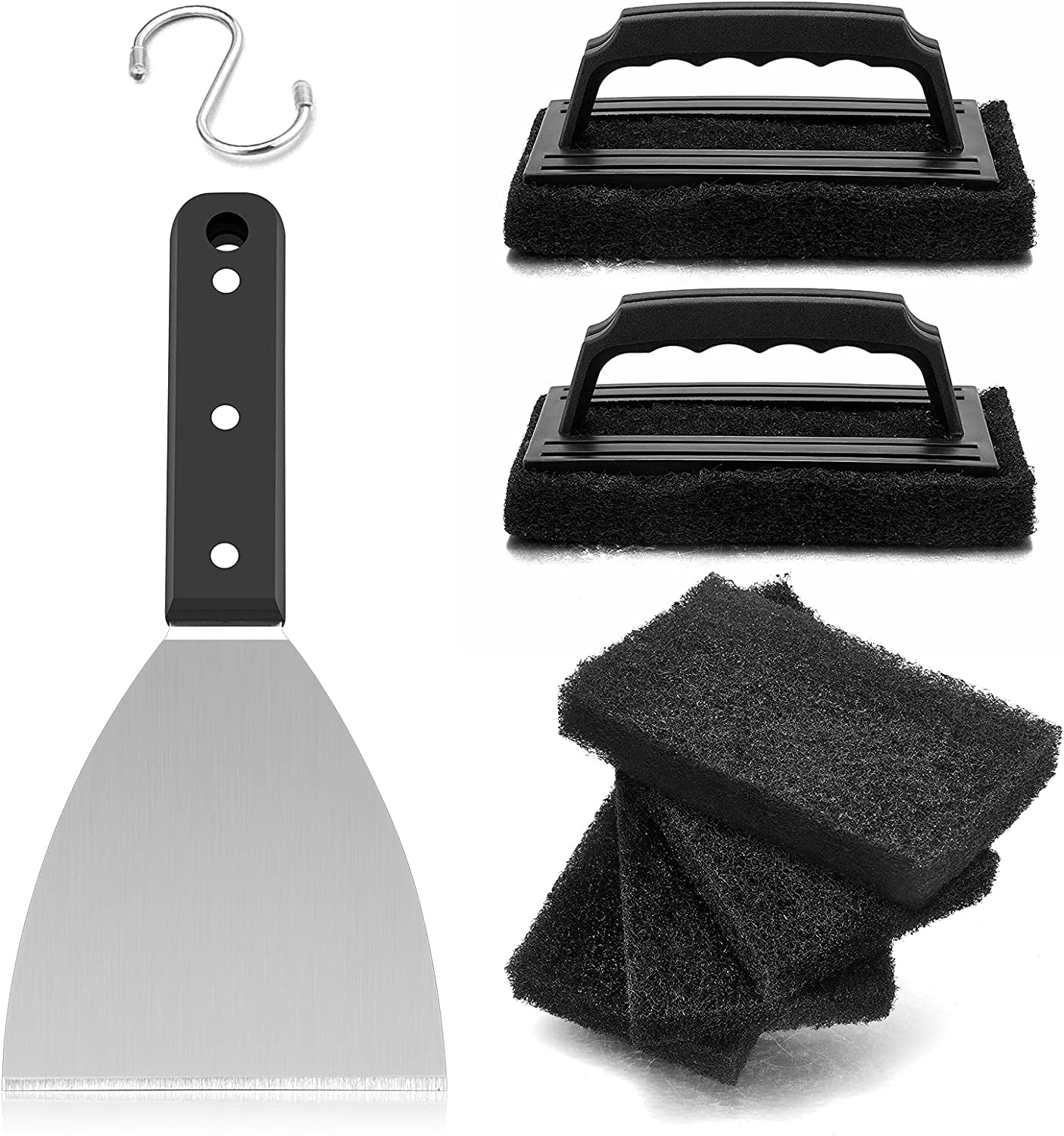 Griddle Cleaning Kit. 7PCS Flat Top Grilling Cleaner Tools Set. Metal Dough Scraper. Cleaning Brush with Handle. Scouring Pads for BBQ Cast Iron Kitchen Cookware Stovetops Hot & Cold Surfaces