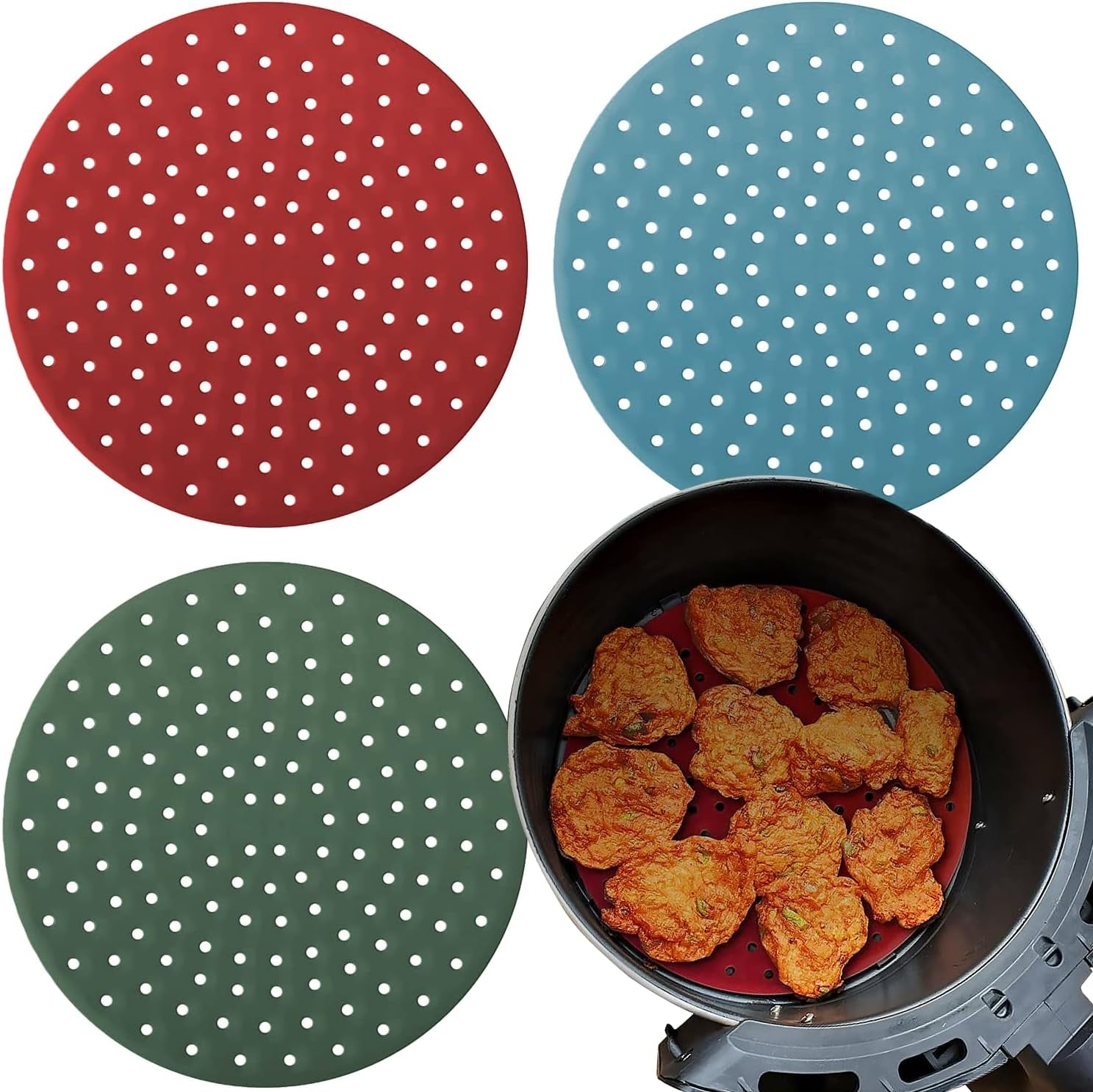 Reusable Round Silicone Air Fryer Liners (9. 3 Pack) by Linda's Essentials – Non‑Stick. Easy‑Clean with Cheat Sheet & Recipes - Image 9