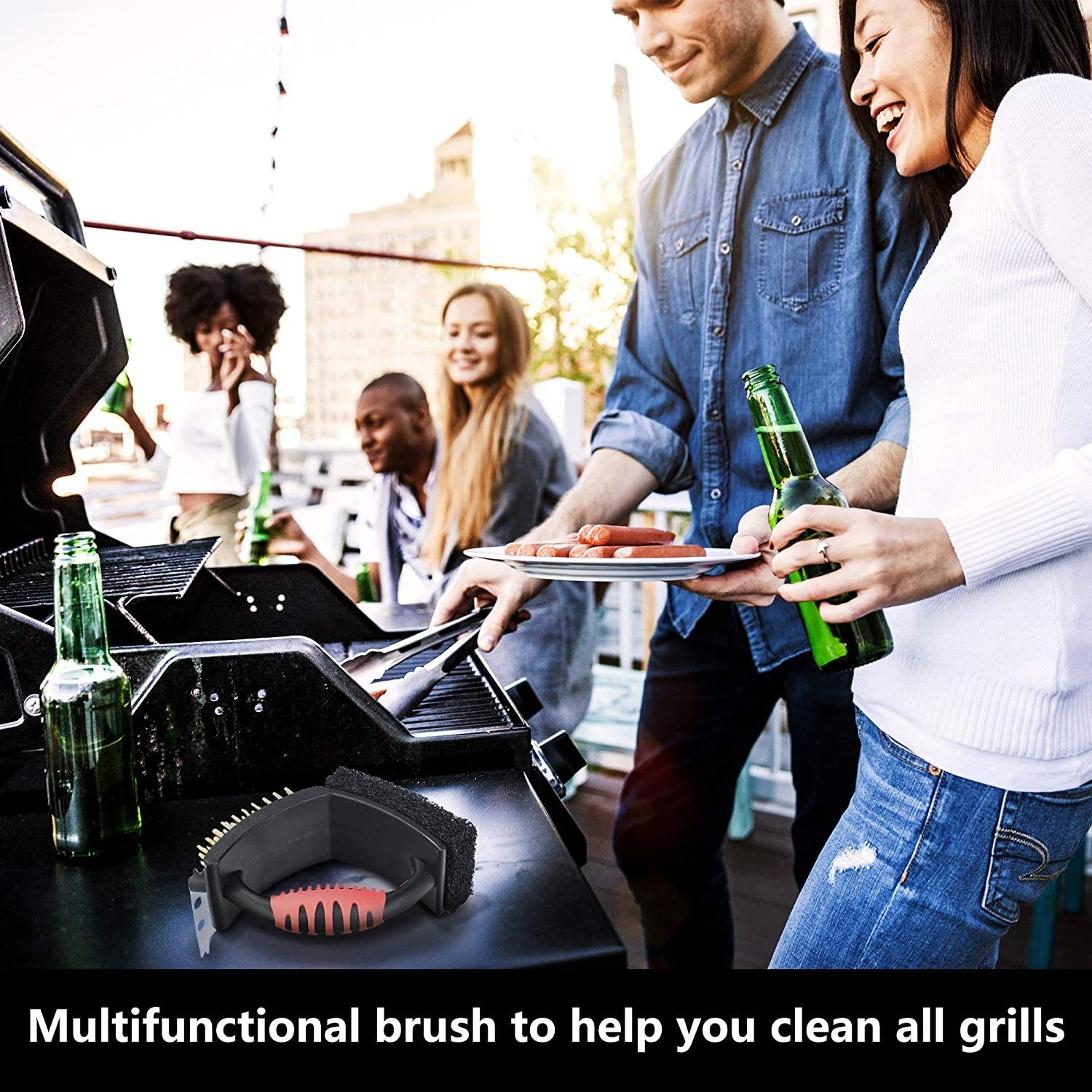 Grill Brush for Outdoor Grill. Brass Grill Cleaning Brush BBQ Cleaning Brush for Outdoor Grill. Multifunctional with Brass Bristle Scouring Pad and Scraper Grill Cleaner Brush and Scraper - Image 5