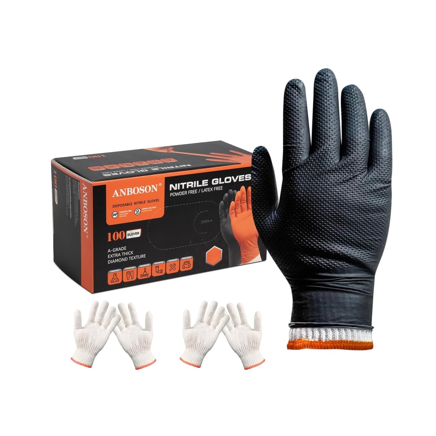 BBQ Gloves for Grilling Disposable Heat Resistant - 100 Nitrile Gloves + 4 Reusable Cotton Liners for Barbecue Smoker. Cooking Hot Meat - 10Mil Thick. Non-Slip Grip - Black Large