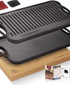 Pre-Seasoned 17X9.8 Cast Iron Reversible Griddle Grill Pan with Handles for Gas Stovetop Open Fire Oven. One Tray. Scrapers Included