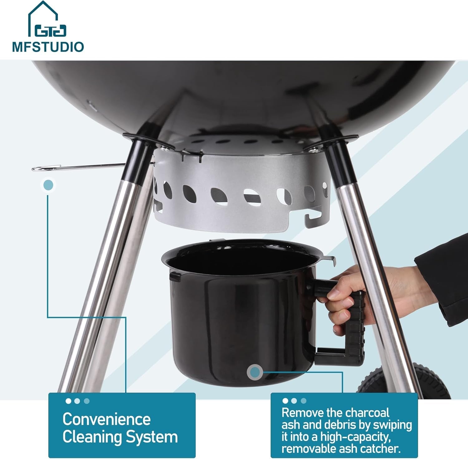 MFSTUDIO 22 Master Kettle Charcoal Grill. Premium Outdoor Barbecue Grill with Thermometers. Porcelain-Enameled Lid & Ash Catcher. Black - Image 2