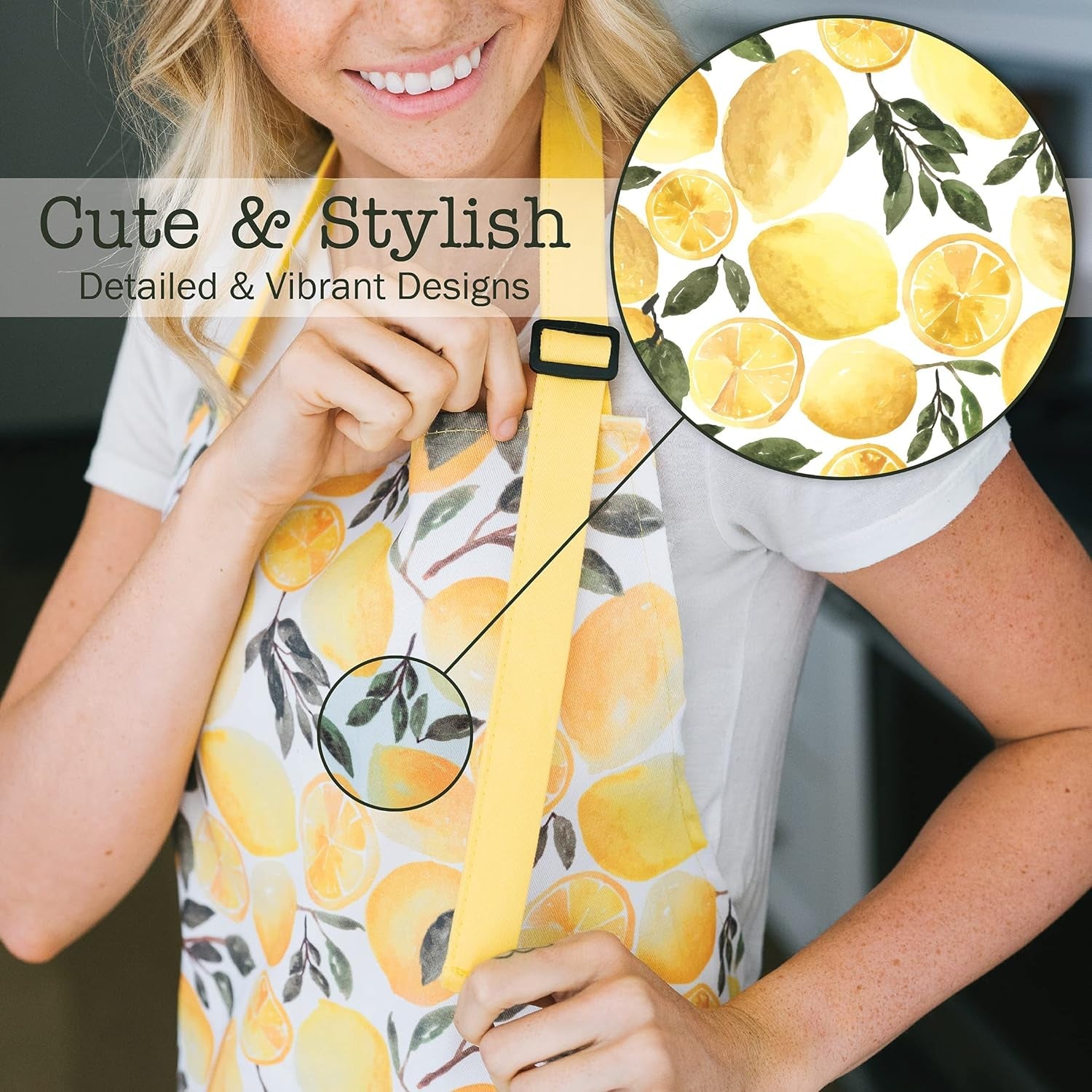 Adjustable Designer Kitchen Apron for Adults | 100% Machine Washable Cotton Cooking Apron with Pockets and Adjustable Neck Buckle | 27 Wide X 33 Long | Yellow Lemons - Image 4