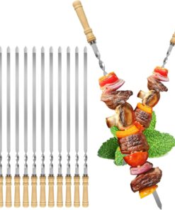 Kabob Skewers.23.6 Inch Flat Skewers for Grilling with Wooden Handle.Reusable Stainless Steel Metal BBQ Barbecue Skewer.Shish Kebab Stick Set for Meat Shrimp Chicken Vegetable-12Pcs.