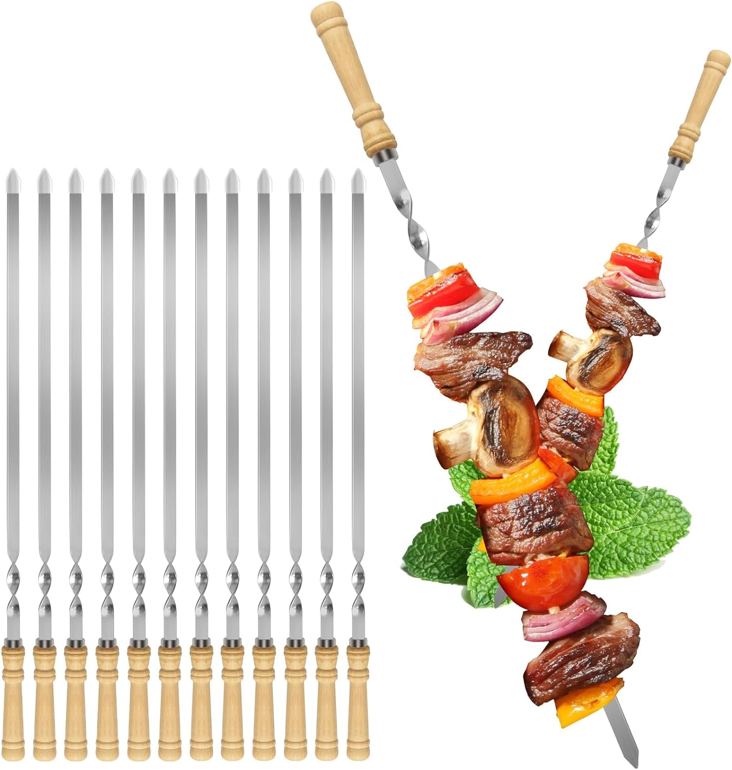 Kabob Skewers.23.6 Inch Flat Skewers for Grilling with Wooden Handle.Reusable Stainless Steel Metal BBQ Barbecue Skewer.Shish Kebab Stick Set for Meat Shrimp Chicken Vegetable-12Pcs.