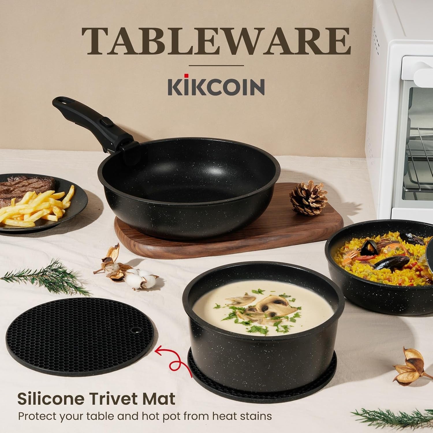 KIKCOIN 20 Pcs Pots and Pans Set Non Stick. Detachable Handle Cookware Sets Nonstick. Non Toxic Induction RV Kitchen Cooking Set with Removable Handles. Dishwasher/Oven Safe. Easy Clean (Black) - Image 6