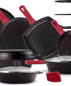 Cast Iron Cookware Set - 17-Piece Pre-Seasoned Kit - 8 Skillet + 10+12 Skillets with Glass Lid + Grill Pan + Multi-Cooker/Dutch Oven + Flat Griddle + Pizza Pan + Pan Rack Organizer - Indoor/Outdoor