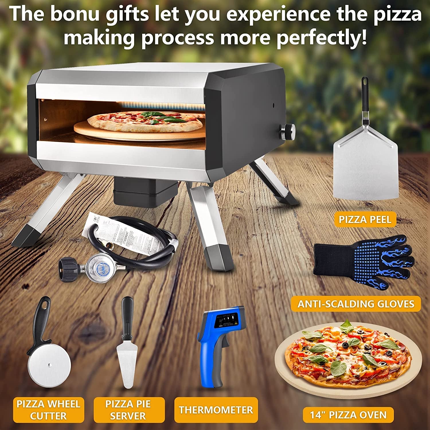 -Outdoor Gas Pizza Oven. Rotating Propane Pizza Grill Oven for Exterior Backyard Pizza Maker with 14 Pizza Stone. Portable Pizza Ovens for outside with Pizza Peel.Pia.Cutter.Gloves and Thermometer. - Image 4