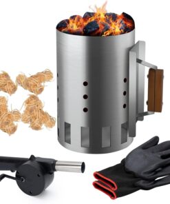 BRIAN & DANY Charcoal Chimney Starter Set for BBQ. Rapid Chimney Starter for Charcoal Grill with Heat Resistant Gloves and Blower. Large-Capacity Design 7.09 X 7.09 X 10.63