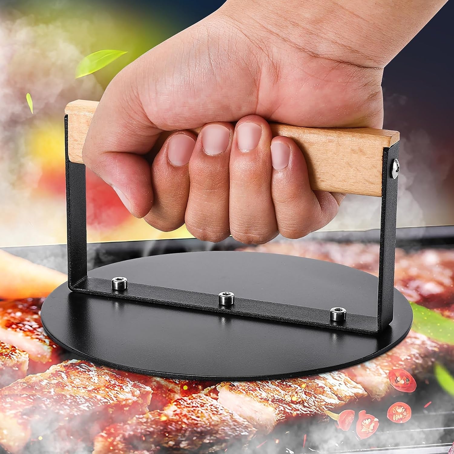 Bodkar Smash Burger Press 6 Inch. round Burger Smasher Grill Press for Griddle Bacon Press Meat Steak Press with Wood Handle