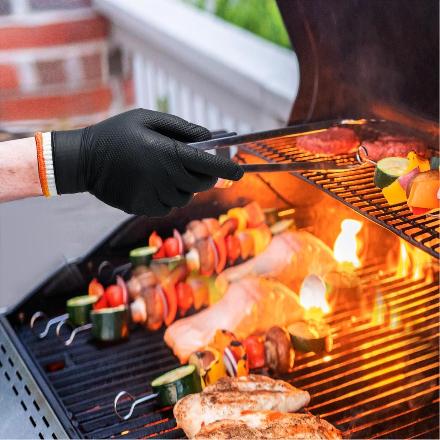 BBQ Gloves for Grilling Disposable Heat Resistant - 100 Nitrile Gloves + 4 Reusable Cotton Liners for Barbecue Smoker. Cooking Hot Meat - 10Mil Thick. Non-Slip Grip - Black Large - Image 4
